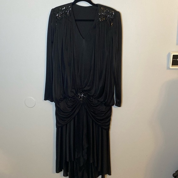 Vintage Black Hi-Low Dress Sequin Accents Drop Waist NO TAGS APPROXIMATELY 10/12 - Picture 1 of 7